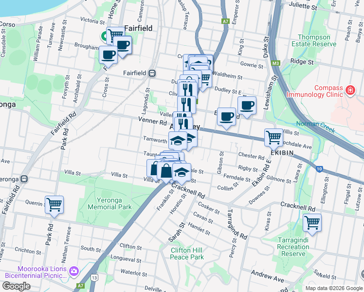 map of restaurants, bars, coffee shops, grocery stores, and more near 5 Chester Road in Annerley