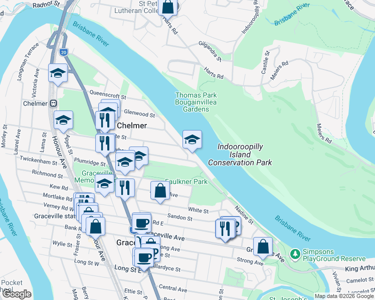map of restaurants, bars, coffee shops, grocery stores, and more near 174 Hargreaves Avenue in Chelmer