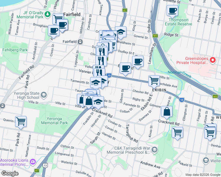 map of restaurants, bars, coffee shops, grocery stores, and more near 41 Chester Road in Annerley