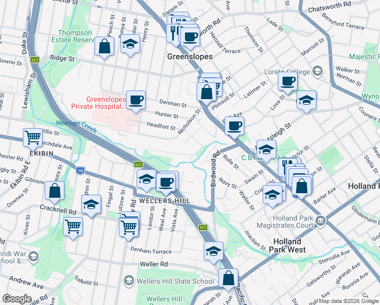 map of restaurants, bars, coffee shops, grocery stores, and more near 9 Roseglen Street in Greenslopes