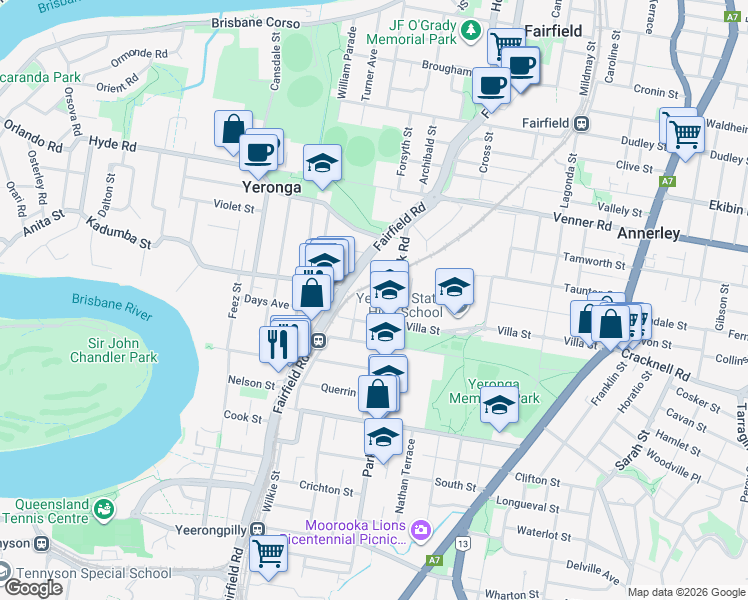 map of restaurants, bars, coffee shops, grocery stores, and more near 30 Cork Street in Yeronga