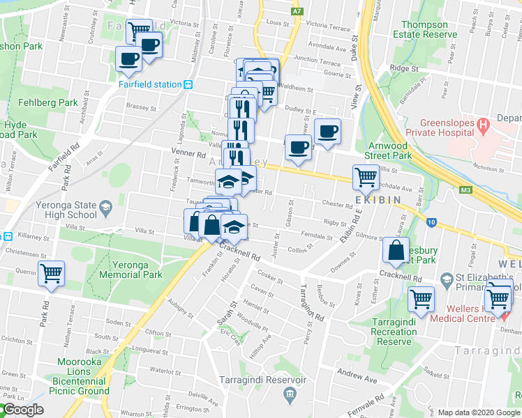 map of restaurants, bars, coffee shops, grocery stores, and more near 43 Chester Road in Annerley
