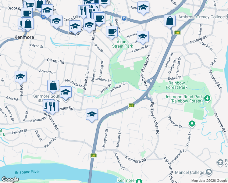 map of restaurants, bars, coffee shops, grocery stores, and more near 5 Katunga Street in Kenmore