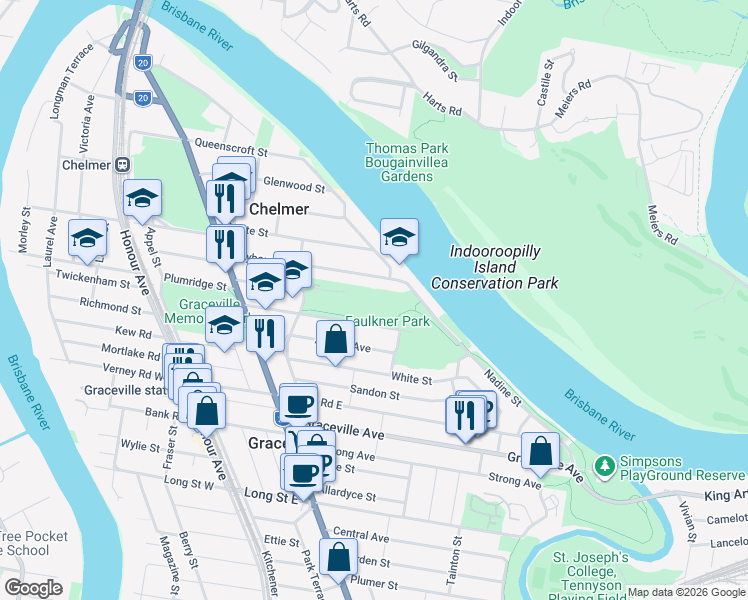 map of restaurants, bars, coffee shops, grocery stores, and more near 48A Waratah Avenue in Graceville