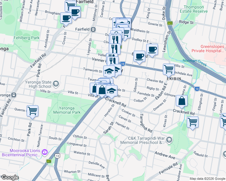map of restaurants, bars, coffee shops, grocery stores, and more near 19 Ferndale Street in Annerley