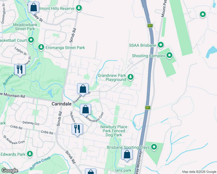 map of restaurants, bars, coffee shops, grocery stores, and more near 17 Westbury Place in Carindale