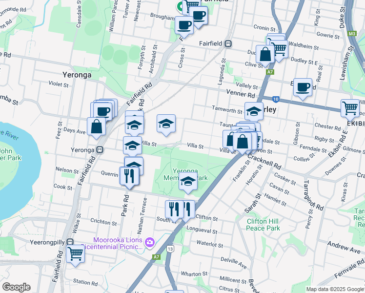 map of restaurants, bars, coffee shops, grocery stores, and more near 100 Villa Street in Annerley