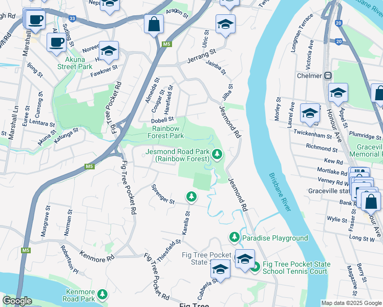 map of restaurants, bars, coffee shops, grocery stores, and more near 50 Moorfields Street in Fig Tree Pocket