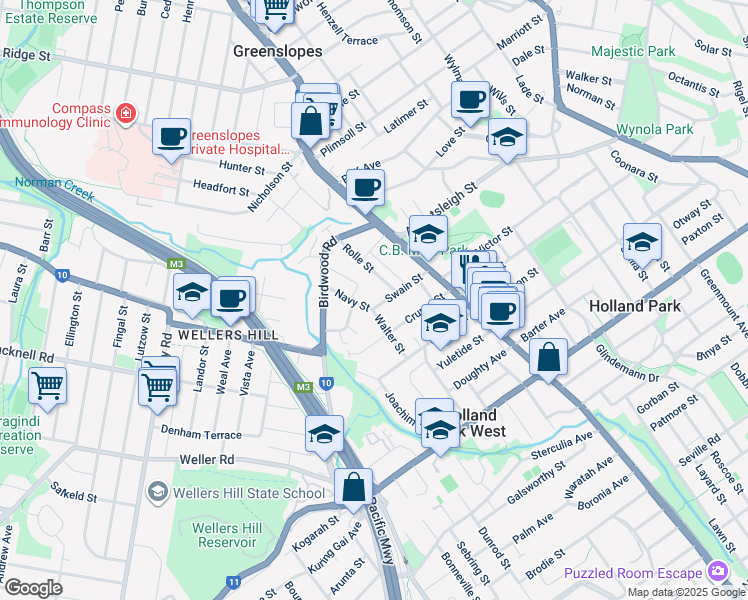 map of restaurants, bars, coffee shops, grocery stores, and more near 43 Swain Street in Holland Park West