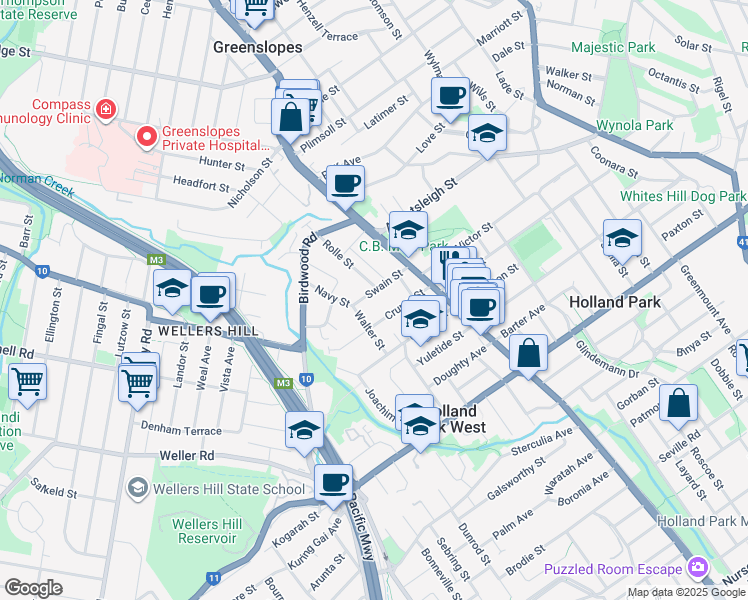map of restaurants, bars, coffee shops, grocery stores, and more near 34 Swain Street in Holland Park West