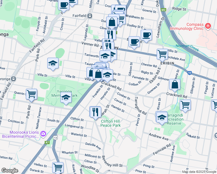map of restaurants, bars, coffee shops, grocery stores, and more near 35 Cracknell Road in Annerley