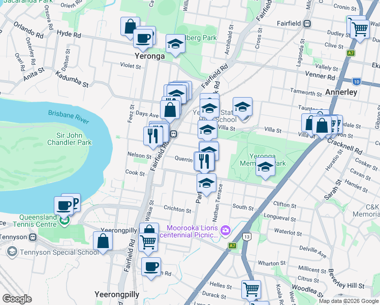 map of restaurants, bars, coffee shops, grocery stores, and more near 29 Christensen Street in Yeronga
