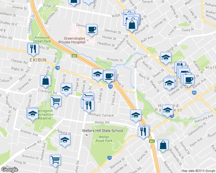map of restaurants, bars, coffee shops, grocery stores, and more near Cambrae Street in Tarragindi