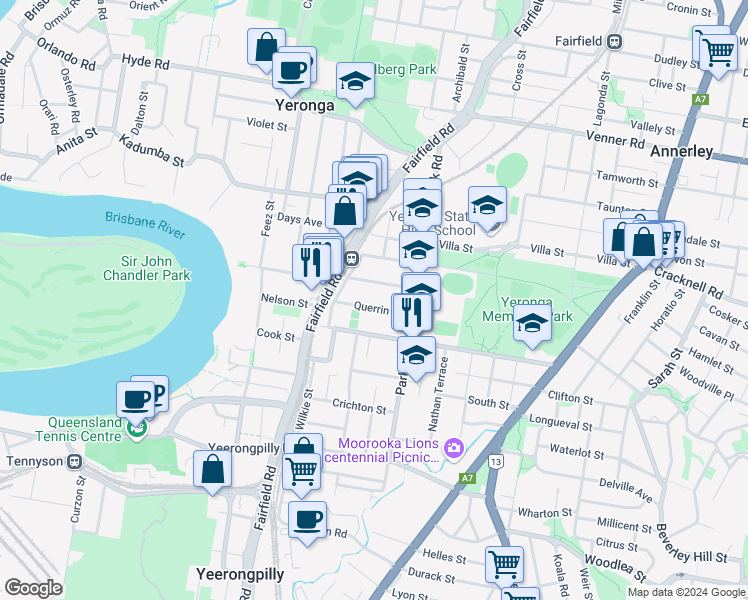 map of restaurants, bars, coffee shops, grocery stores, and more near 24-26 Querrin Street in Yeronga
