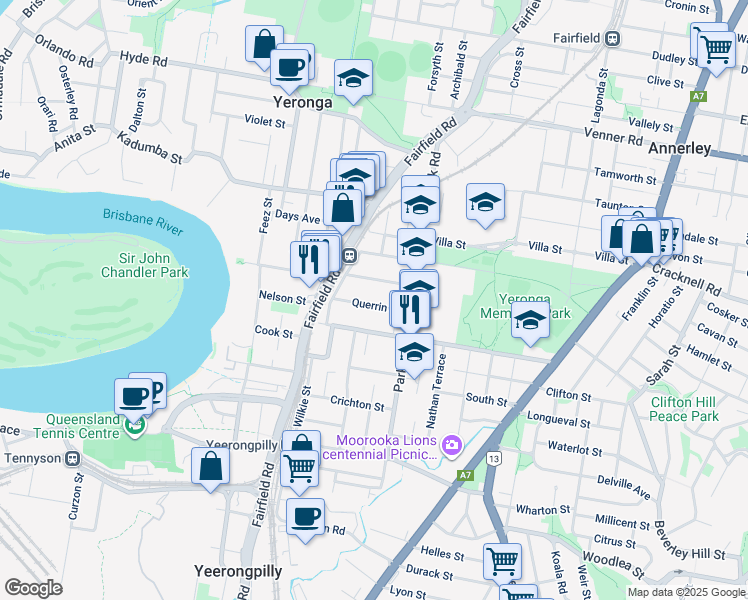 map of restaurants, bars, coffee shops, grocery stores, and more near 24 Querrin Street in Yeronga