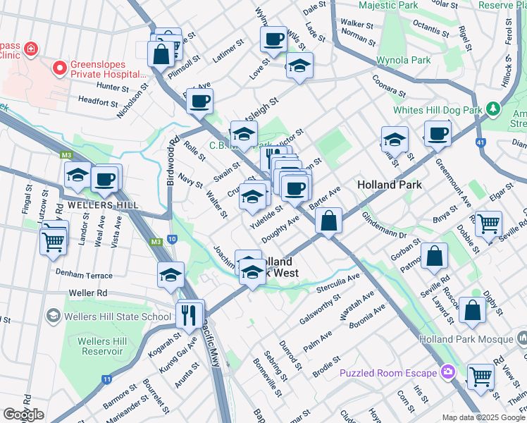 map of restaurants, bars, coffee shops, grocery stores, and more near 33 Yuletide Street in Holland Park West