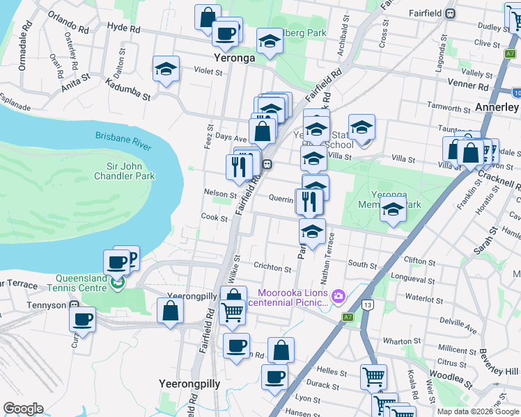 map of restaurants, bars, coffee shops, grocery stores, and more near 173 School Road in Yeronga