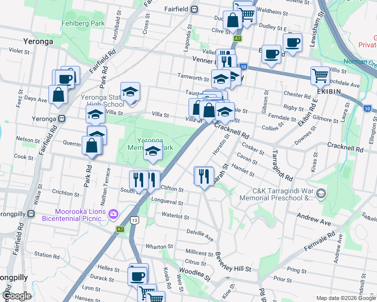 map of restaurants, bars, coffee shops, grocery stores, and more near 740 Ipswich Road in Annerley