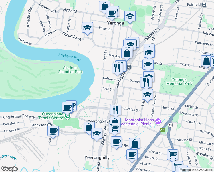 map of restaurants, bars, coffee shops, grocery stores, and more near 19 Simon Street in Yeronga