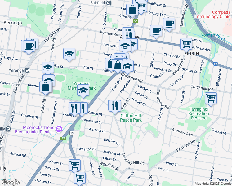 map of restaurants, bars, coffee shops, grocery stores, and more near 51 Horatio Street in Annerley