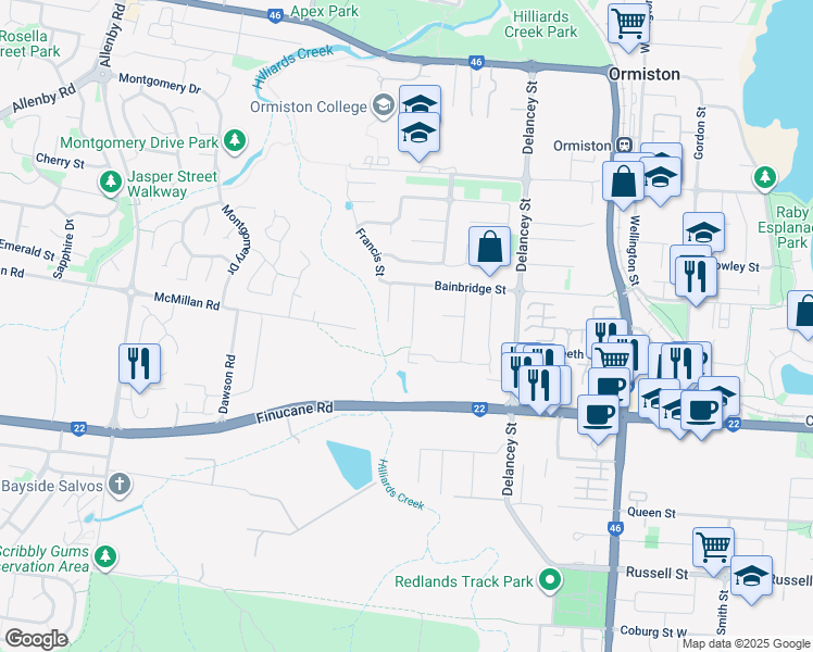 map of restaurants, bars, coffee shops, grocery stores, and more near 34 Winship Street in Ormiston