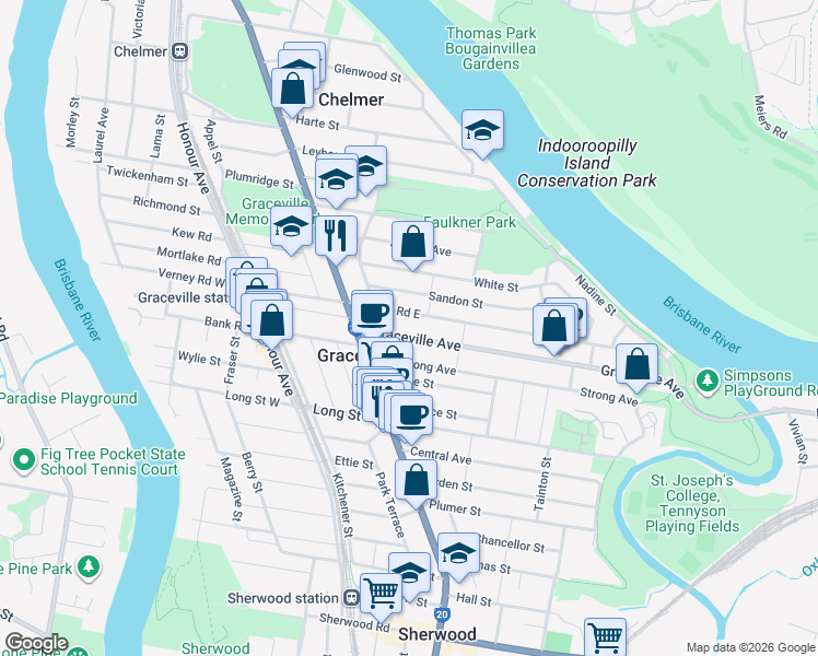 map of restaurants, bars, coffee shops, grocery stores, and more near 38 Graceville Avenue in Graceville