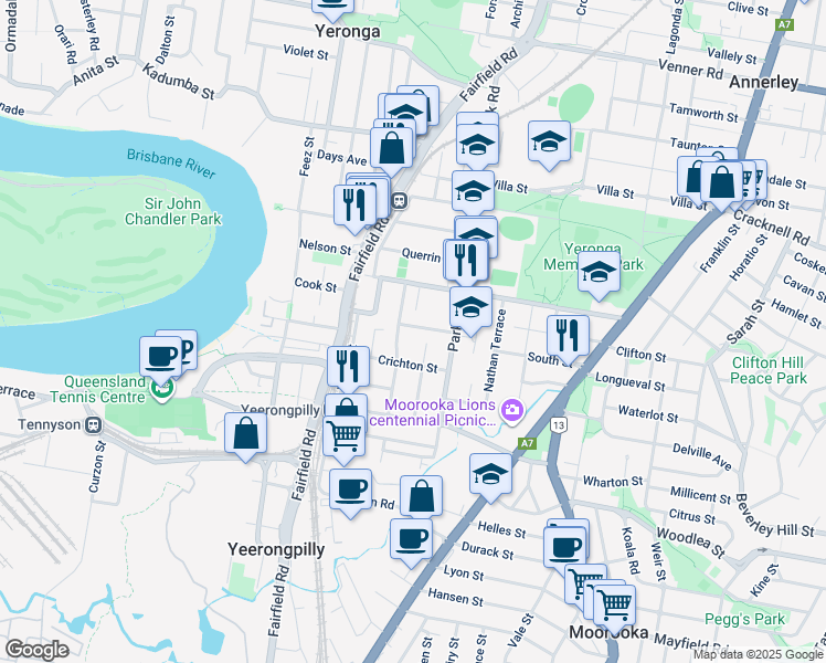 map of restaurants, bars, coffee shops, grocery stores, and more near 22 Grosvenor Street in Yeerongpilly