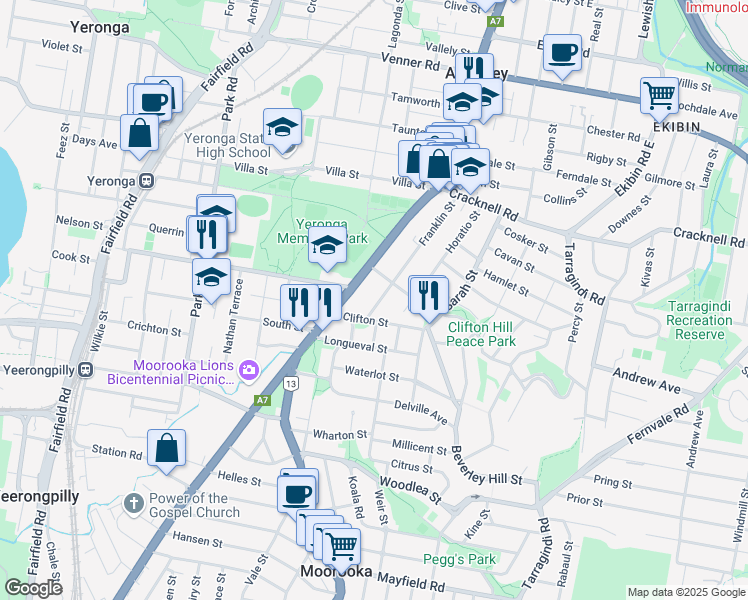 map of restaurants, bars, coffee shops, grocery stores, and more near 101 Franklin Street in Annerley