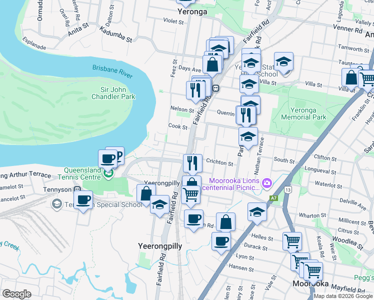 map of restaurants, bars, coffee shops, grocery stores, and more near 627 Fairfield Road in Yeronga