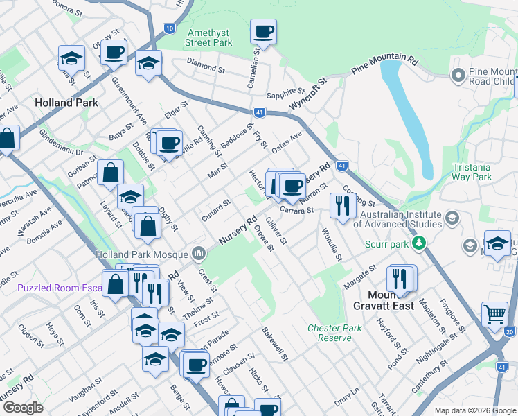 map of restaurants, bars, coffee shops, grocery stores, and more near 402 Nursery Road in Holland Park