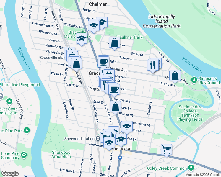 map of restaurants, bars, coffee shops, grocery stores, and more near 9 Allardyce Street in Graceville