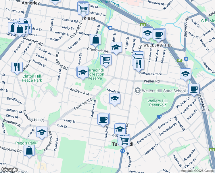 map of restaurants, bars, coffee shops, grocery stores, and more near 28 Fernvale Road in Tarragindi