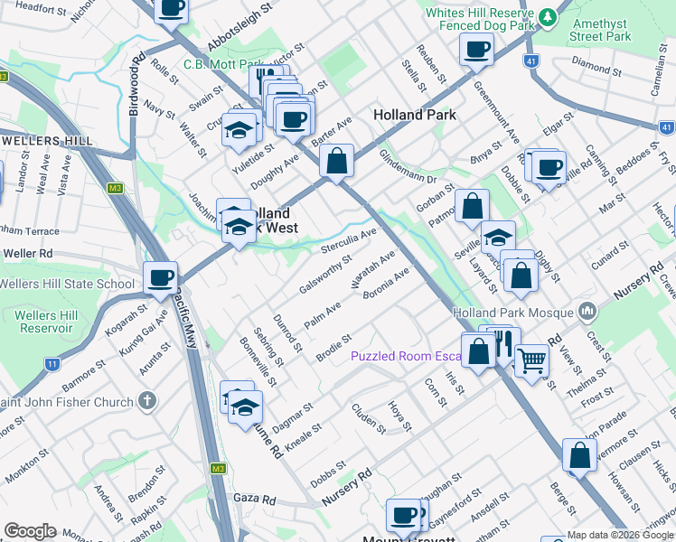 map of restaurants, bars, coffee shops, grocery stores, and more near 46 Galsworthy Street in Holland Park West