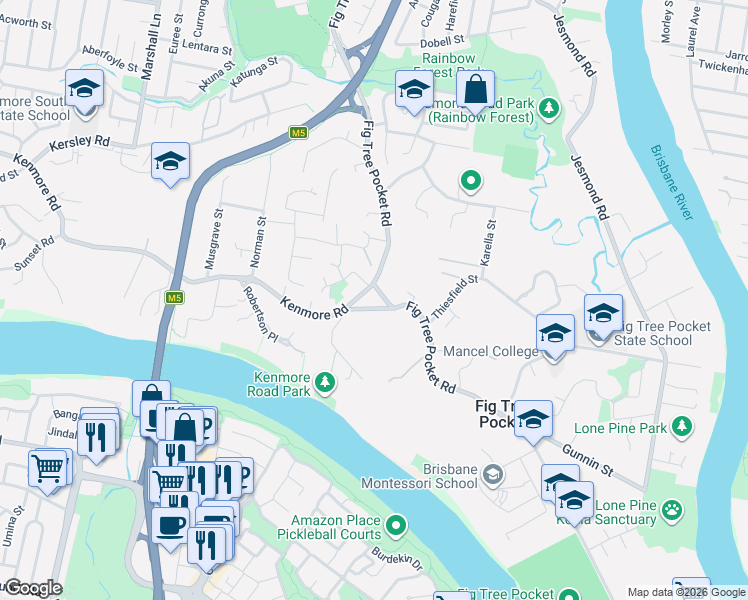 map of restaurants, bars, coffee shops, grocery stores, and more near 367 Fig Tree Pocket Road in Fig Tree Pocket