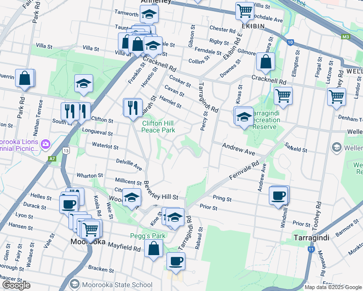 map of restaurants, bars, coffee shops, grocery stores, and more near 76 Tennessee Avenue in Tarragindi