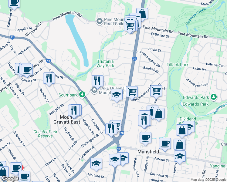 map of restaurants, bars, coffee shops, grocery stores, and more near 26 Tick Street in Mount Gravatt East