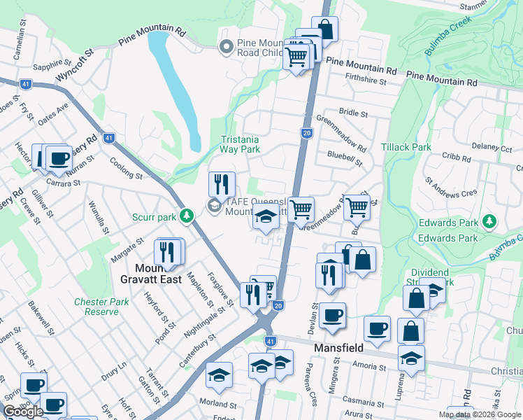 map of restaurants, bars, coffee shops, grocery stores, and more near 26 Tick Street in Mount Gravatt East