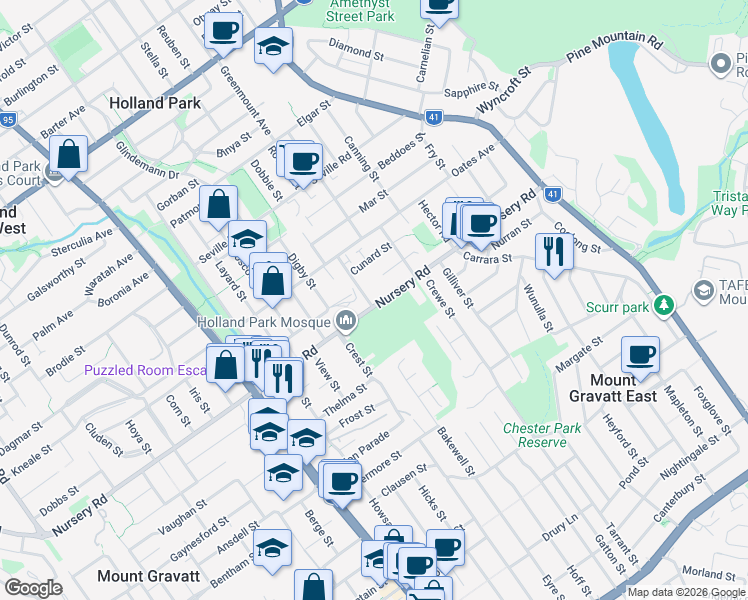 map of restaurants, bars, coffee shops, grocery stores, and more near 350 Nursery Road in Holland Park