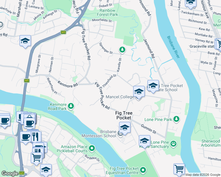map of restaurants, bars, coffee shops, grocery stores, and more near 9 Games Street in Fig Tree Pocket