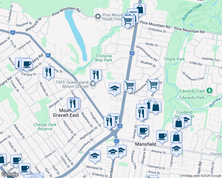 map of restaurants, bars, coffee shops, grocery stores, and more near 39 Blantyre Road in Mount Gravatt East