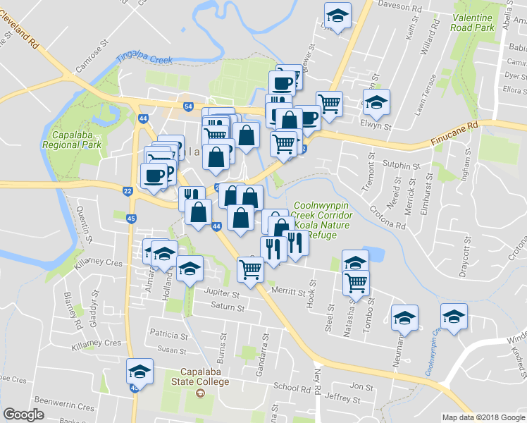 map of restaurants, bars, coffee shops, grocery stores, and more near 27 Veronica Street in Capalaba