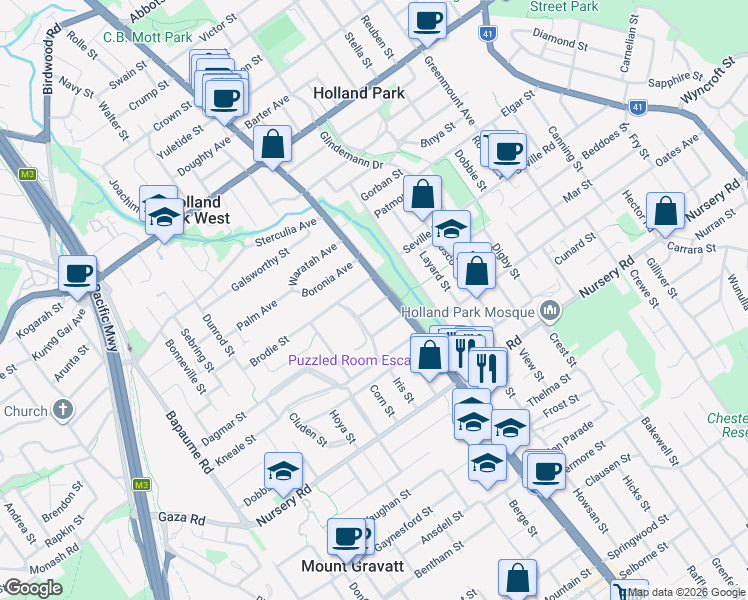 map of restaurants, bars, coffee shops, grocery stores, and more near 11 Gower Street in Holland Park West