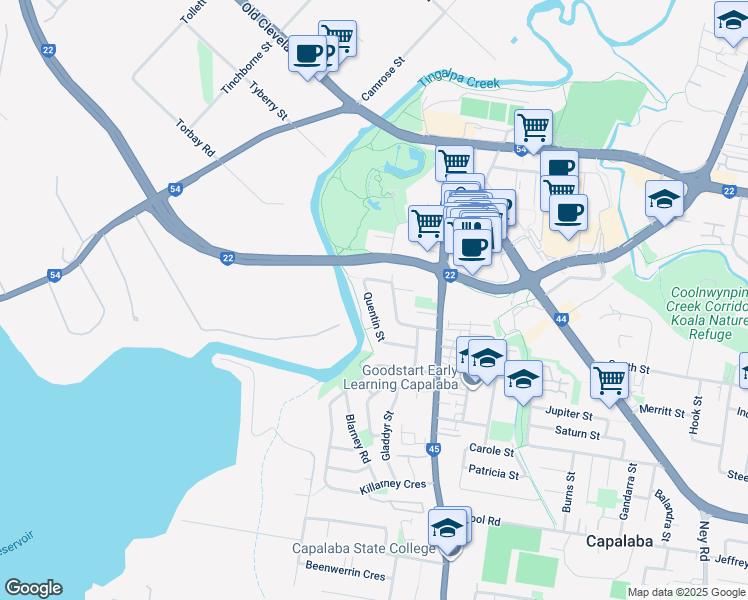 map of restaurants, bars, coffee shops, grocery stores, and more near 33 Quentin Street in Capalaba