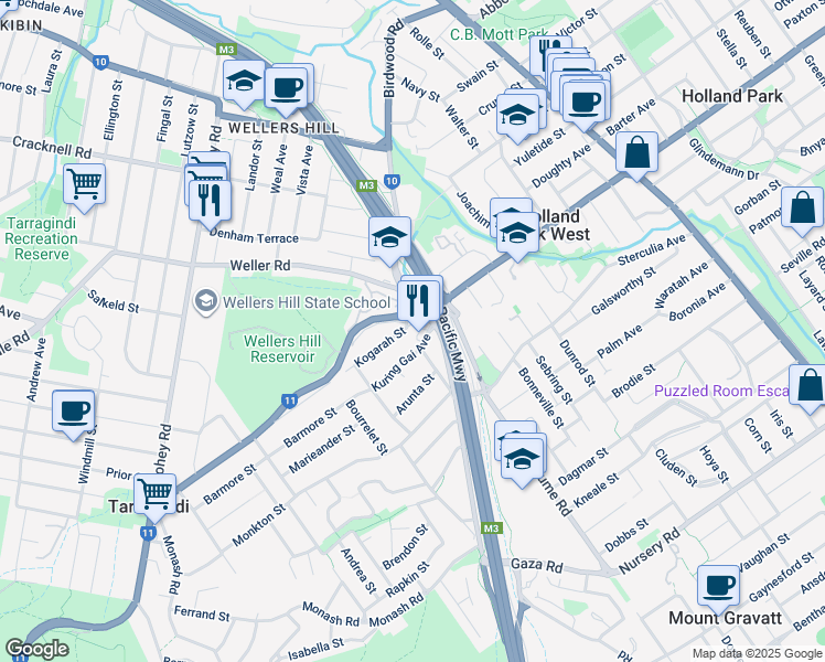 map of restaurants, bars, coffee shops, grocery stores, and more near 10 Kogarah Street in Tarragindi