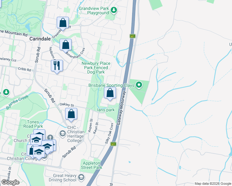 map of restaurants, bars, coffee shops, grocery stores, and more near 55 Coventry Circuit in Carindale