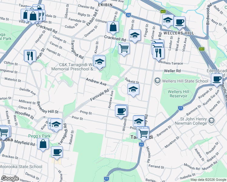 map of restaurants, bars, coffee shops, grocery stores, and more near 72 Andrew Avenue in Tarragindi