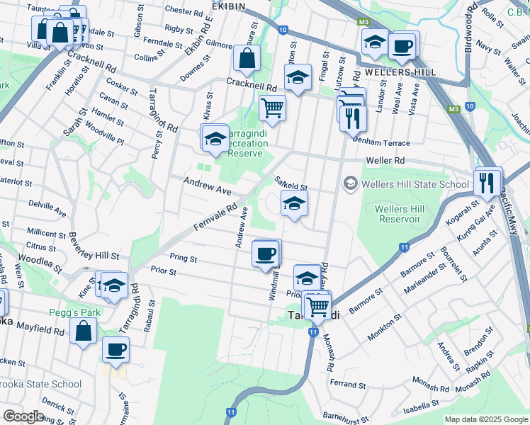 map of restaurants, bars, coffee shops, grocery stores, and more near 9 Lana Street in Tarragindi