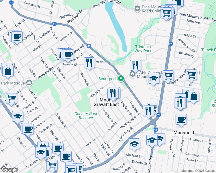 map of restaurants, bars, coffee shops, grocery stores, and more near 187 Margate Street in Mount Gravatt East