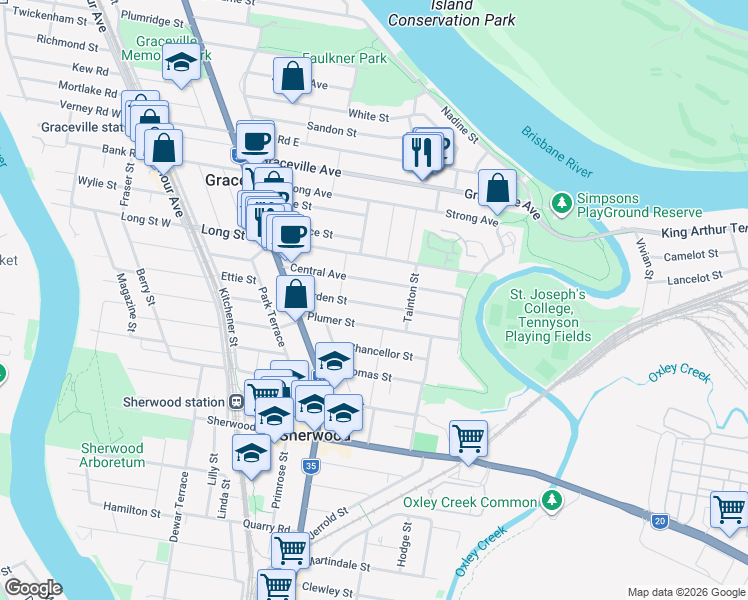 map of restaurants, bars, coffee shops, grocery stores, and more near 70 Borden Street in Sherwood