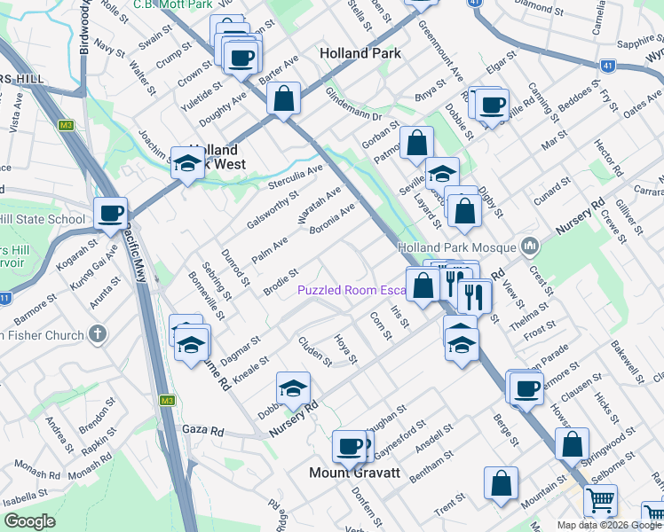 map of restaurants, bars, coffee shops, grocery stores, and more near 14 Buckland Street in Holland Park West